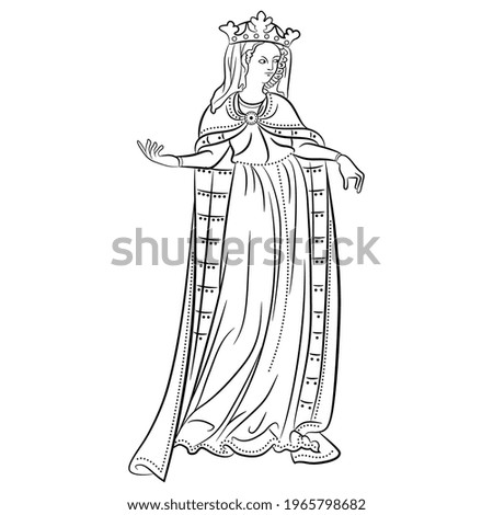 Standing medieval lady in royal crown. Gothic queen or princess in long dress. Black and white linear silhouette.