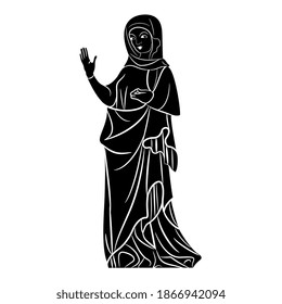 Standing medieval saint woman. Virgin Mary. Gothic lady. Black and white silhouette