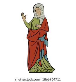 Standing medieval saint woman. Virgin Mary. Gothic lady. Isolated vector illustration.