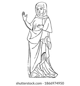 Standing medieval saint woman. Virgin Mary. Gothic lady. Hand drawn linear doodle ink sketch. Black silhouette on white background.