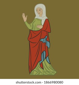 Standing medieval saint woman. Virgin Mary. Gothic lady. Isolated vector illustration. 
