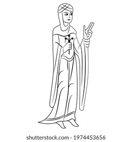 Standing Medieval Woman In Long Dress Holding Flower. Black And White Linear Silhouette. Gothic Illuminated Manuscript Style.