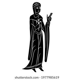 Standing medieval woman in long dress holding flower. Black and white silhouette. Gothic illuminated manuscript style.