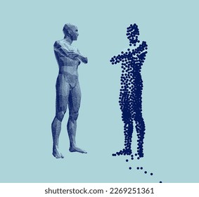 Standing men in fractured and undamaged entire versions. Man dispersing and disintegrating into particles. Concept of mental disorders. Psychology. Mental health problems. 3D human body model.  - Powered by Shutterstock - Get 15% off with code: PIKWIZARD15