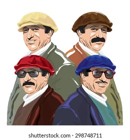 Standing men in jacket with sunglasses, cap and vest isolated on background. Vector, illustration.