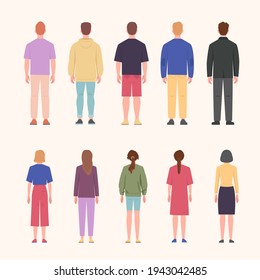 Standing men and women back view set. Young girls and guys in fashionable clothes stand with their backs turned stylish hairstyles and blue sweater with red blouse in elegant shorts. Cartoon vector.