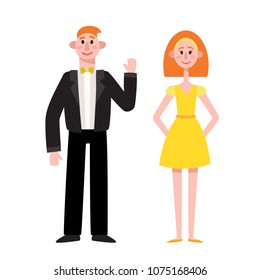 Standing men and women in evening outfit - black suit and yellow dress isolated on white. Vector illustration of college couple going to graduation party.