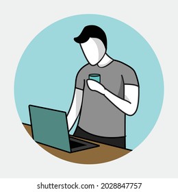 Standing Men Work With Laptop Round Circle Faceless Flat Illustration Design Vector