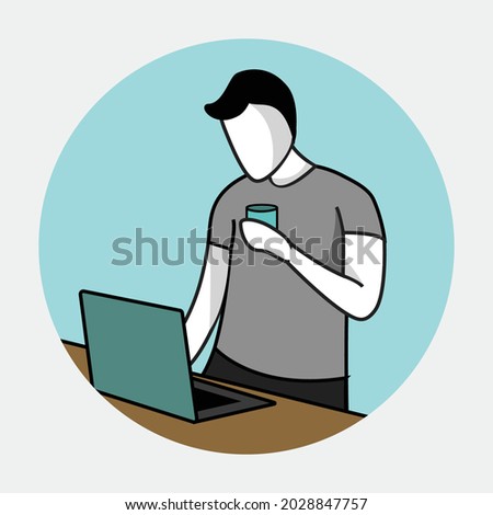 Standing Men Work With Laptop Round Circle Faceless Flat Illustration Design Vector