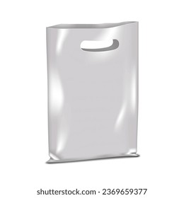 Standing merchandise plastic bag with die cut handles realistic vector mockup. Blank white package mock-up