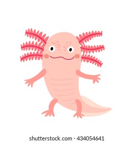 Standing mexican salamander axolotl cartoon character with pink color isolated on white background. 