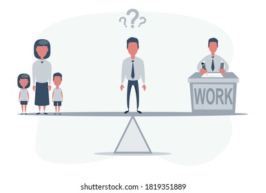 En el medio entre la vida y el trabajo. Concepto de equilibrio entre el trabajo y la vida. Empresario de pie en la costa. Ilustración de diseño plana vectorial.