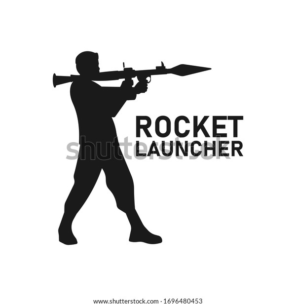 立った軍人が持ち、照準を合わせたロケットランチャーシルエットのコンセプト。戦争地帯の戦闘のアイコンまたはシンボル。重い武器のロゴ。弾道ミサイルの爆発 – 単純なベクターイラスト。