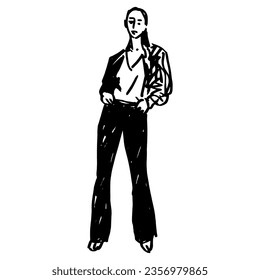 Standing modern young girl wearing pants   shirt  Female portrait  Funny woman and hands in her pockets  Akimbo pose  Hand drawn linear doodle rough sketch  Black silhouette white background 