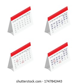 Standing month lined spring desk calendar template icon set. Vector illustration isolated on white background isometric view.