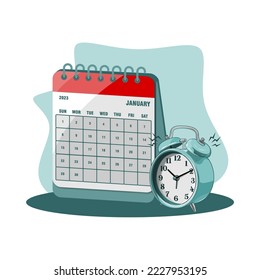 Standing moon lined desk calendar template icon with alarm clock. Flat style vector illustration isolated on white background.