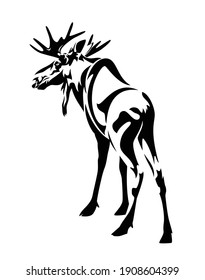 Standing Moose Bull Black And White Outline - Wild Elk Vector Monochrome Design