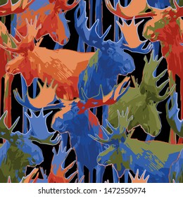 Standing moose. Vector repeated seamless pattern drawn with rough brush in contrast colors