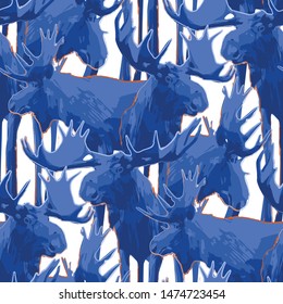 Standing moose. Vector repeated seamless pattern drawn with rough brush in contrast colors