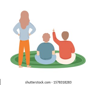 Standing mother in front of sitting two children vector illustration. Two boys on green round carpet at home flat style isolated cartoon people back view