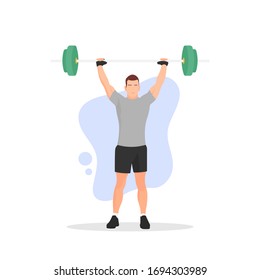 Standing muscular man lifting weights. Male bodybuilder icon. Body building sign or symbol. Gym activity. Fitness concept. Workout equipment. Biceps muscle - Simple flat vector character illustration.