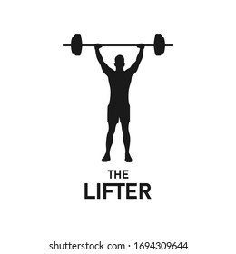 Standing muscular man lifting weights silhouette. Male bodybuilder icon. Body building sign or symbol. Gym activity. Fitness logo concept. Workout equipment. Biceps muscle - vector illustration.