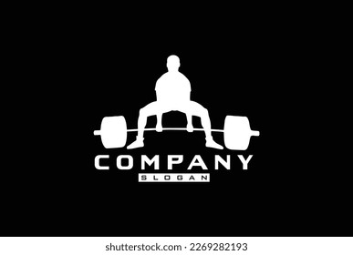 El hombre muscular de pie levantando la silueta de pesos. Icono de culturista masculino. Signo o símbolo de construcción de cuerpo. Actividad de gimnasia. Concepto del logotipo de fitness. Equipo de entrenamiento. Músculo Biceps - ilustración vectorial.