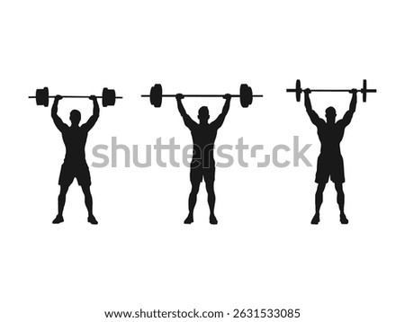 Standing muscular man lifting weights silhouette. Male bodybuilder icon. Weightlifter lifts big barbell, isolated vector silhouette. Weightlifting, bodybuilding. Fitness logo concept.	