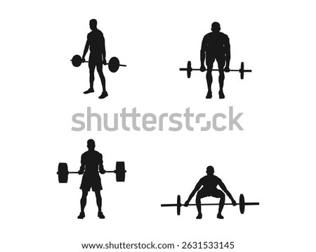 Standing muscular man lifting weights silhouette. Male bodybuilder icon. Weightlifter lifts big barbell, isolated vector silhouette. Weightlifting, bodybuilding. Fitness logo concept.	