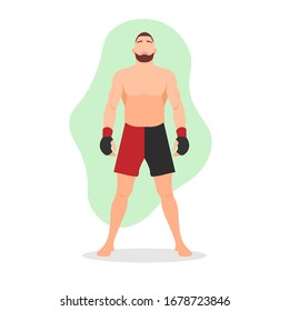 Combatiente muscular permanente de la MMA. Ganadora del torneo de artes marciales. El concepto de competidor duro. Luchador con barba. El brasileño Jiu Jitsu. Maestro de karate - Ilustración vectorial de carácter plano.