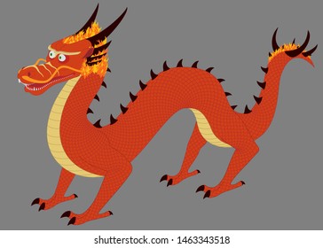 Standing Mythological Red Fire Japan Dragon. Isolated on grey. Vector illustration.