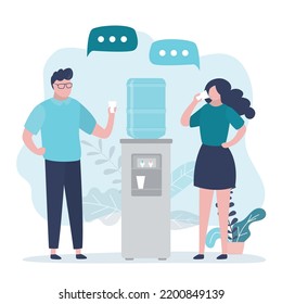 Сolleagues standing near cooler drink water and talking. Time break, office work and relax process. Clean bottled water, purifying liquid from cooler. Business people chatting. Vector illustration