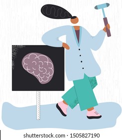 Standing neirologist with reflex hammer hand drawn color illustration. Doctor in special clothes modern characters. Brain scan. Medical concept