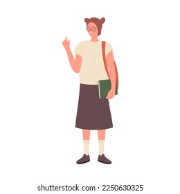 Standing nerd girl with pointing finger. Geek female student showing warning gesture vector illustration