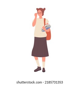 Standing nerd girl in school uniform. Clever geek female teenager with books vector illustration