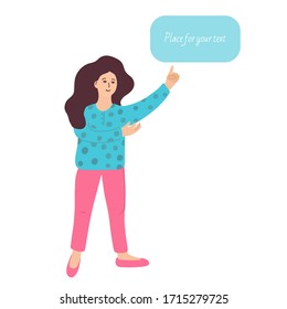 A standing nice girl. Full length portrait. She points her finger to something up and looks at camera. Place for your text. Vector hand drawn flat illustration isolated on white background.
