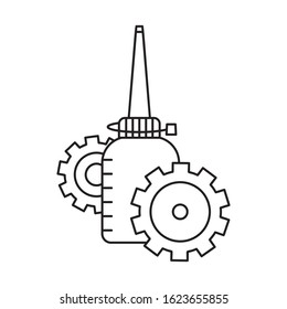 Standing oil can with two gearwheels  in foreground and background. Linear icon of motor grease. Black and white simple illustration. Contour isolated vector image. Bottle with gears
