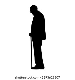 Standing old man with cane silhouette. Vector illustration