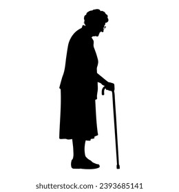 Standing old woman with cane silhouette. Vector illustration