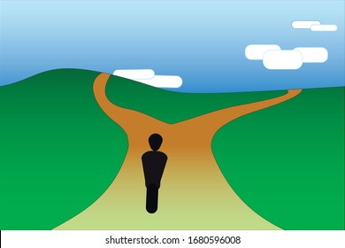  standing on crossroads and making choice.Deciding to choose a path in real life, with many paths to choose from. concepts of making, decisions, crossroads, choice