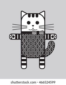 Standing on its hind legs with outstretched paws cat in a suit with a bow. Charming back and white vector cat.Stencil cat.Easy to use cartoon cat, kitten, for logos, stickers, labels, tags, needlework