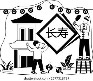 standing on ladder ornament vector design, Chinese New Years Beginnings scene, Zodiac Wood Snake 2025 banner, China Spring Festival illustration, Person Decorating Street with Flag and Bunting concept