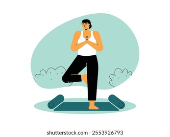 Standing on one leg and the other leg bent to the side also both hands in front of chest, woman standing on yoga mat, calm expression can keep balance, meditation vector illustration.