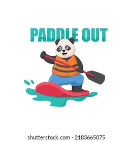 standing on a paddle board. rowing out on the river. water sports. panda cartoon design for t-shit,clothes and banner