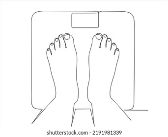 Standing on a scale. Measuring body weight concept. continuous line drawing. Vector illustration. Isolated