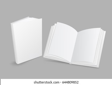 Standing open and closed white paper books with shadow on gray background. Empty cover template. Education literature symbol. Author writer show product