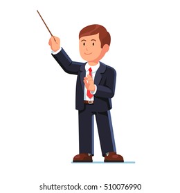 Standing orchestra conductor directing classical music with his wooden stick. Flat style vector illustration isolated on white background.