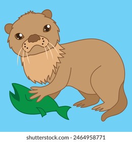 Standing Otter with green fish and long whiskers