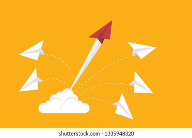 Standing out from the crowd.Red airplane changing direction and white ones. New idea, change, trend, courage, creative solution, innovation and unique way concept.