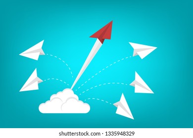 Standing out from the crowd.Red airplane changing direction and white ones. New idea, change, trend, courage, creative solution, innovation and unique way concept.